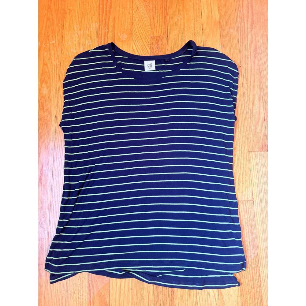 Cabi Medium Navy Blue Green Striped Relaxed Short Sleeve Top